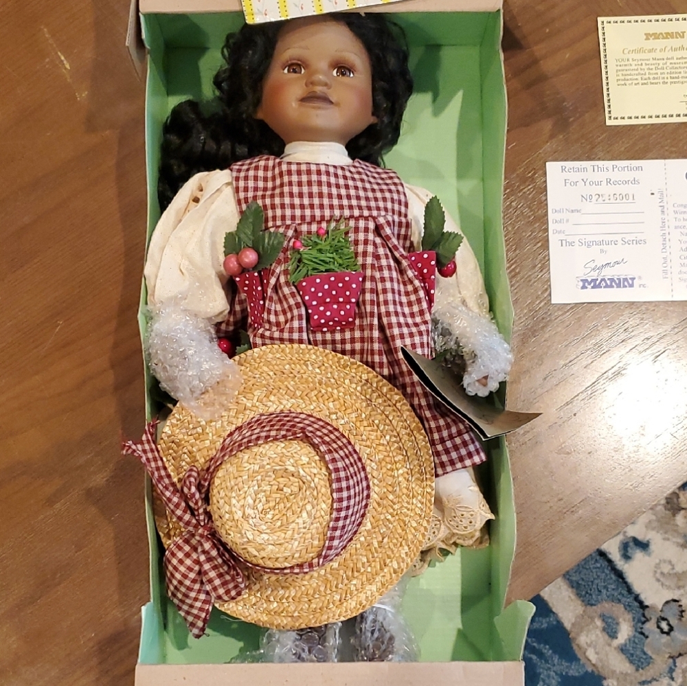 Seymour MANN Straw Hat Doll with Red Gingham Dress